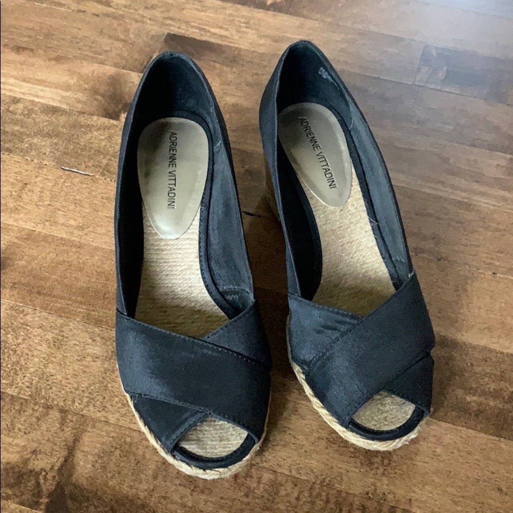 Adrienne Vittadini Black Peep-Toe Espadrille Wedges